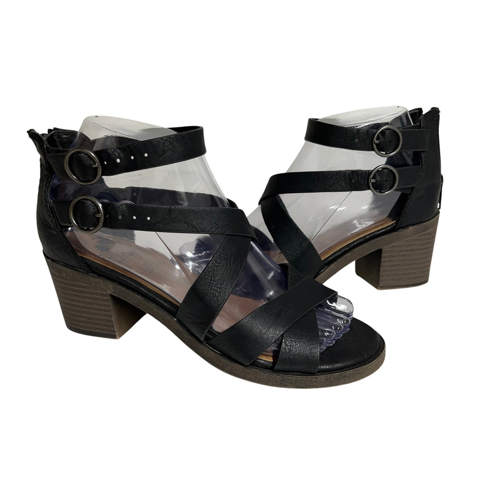 Jellypop Katey‎ Womens Gladiator Sandals 6M Black Strappy Block Heel Criss Cross